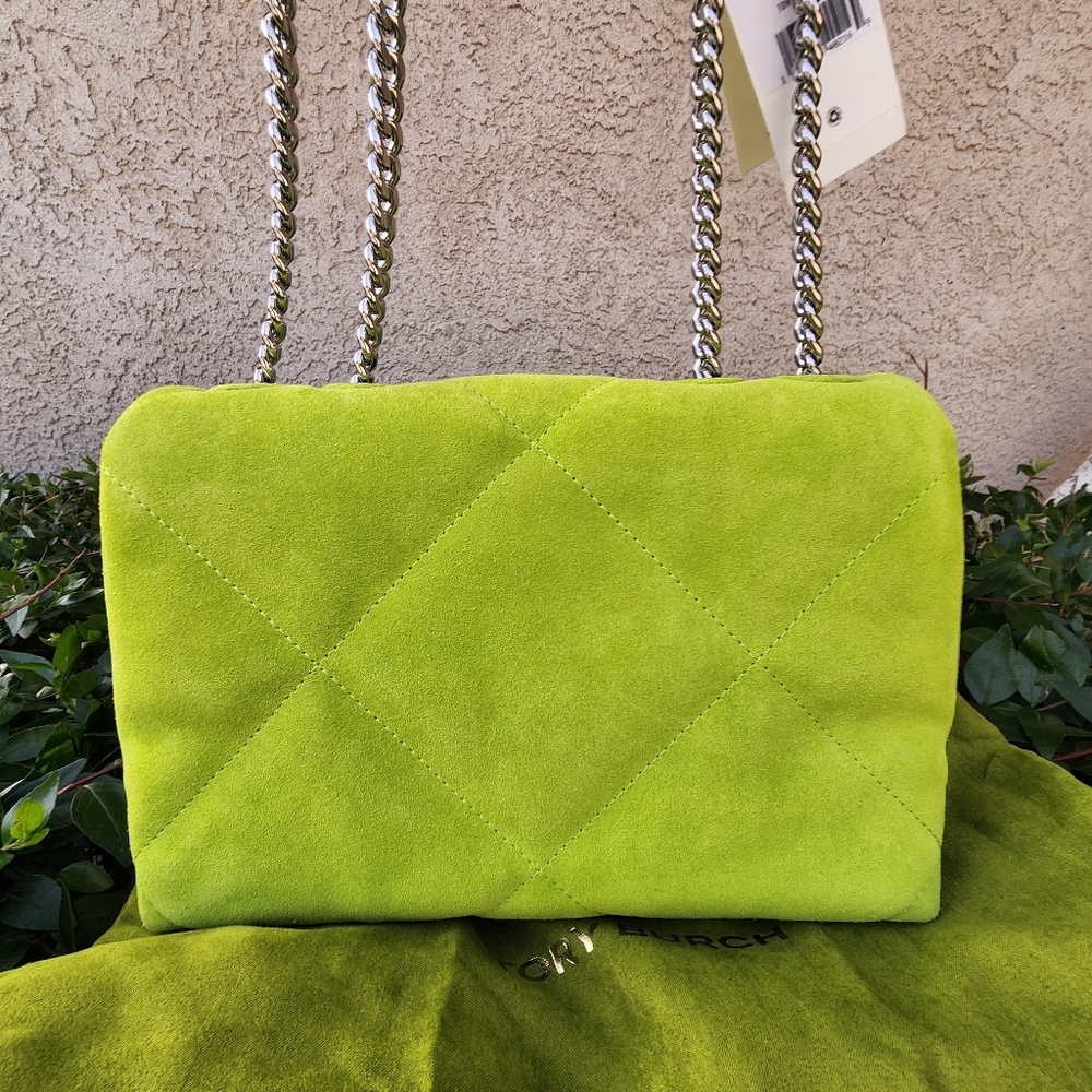 Tory Burch Kira Diamond Quilt Suede Small Shoulder Bag Handbag- Lime Green NWT - Picture 7 of 16